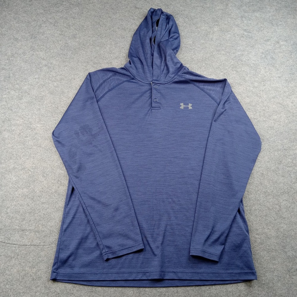 Under Armour Shirt Mens Large Blue HeatGear Hooded Long Sleeve Henley 1291313